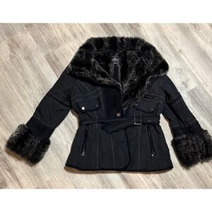 Vintage beautiful Regent Black Faux Fur Trim Belted Winter Jacket Women's Size L